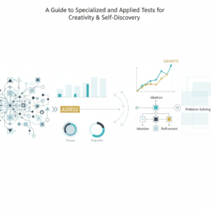 A clean, modern, vector-based infographic header image for an article on creativity and self-discovery. It depicts abstract, interconnected networks and layered frameworks, symbolizing the assessment of creative strengths, cognitive flexibility, and personal growth. The design features geometric shapes, subtle gradients in soft blues, charcoal, and white, with hints of gold, conveying a professional and insightful tone.