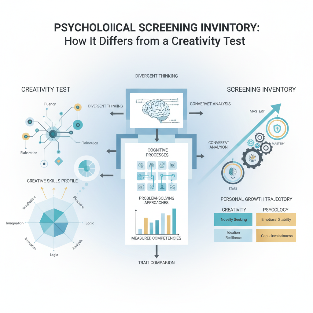 A clean, premium infographic header image for an article comparing psychological screening inventories and creativity tests. The visual uses abstract, non-human elements like interconnected mind maps, skill matrices, and layered progression frameworks to represent cognitive assessment, creative insights, and personal growth. Rendered in a modern, vector-based style with soft blues, charcoal, and subtle gold accents, emphasizing clarity and sophistication.