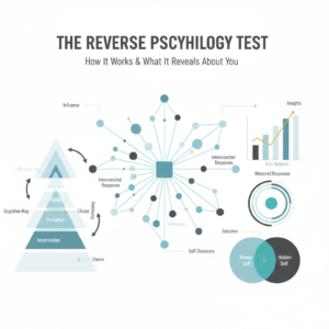 A clean, premium infographic header image for an article titled 'The Reverse Psychology Test: How It Works & What It Reveals About You'. It features a conceptual, data-driven visual representing psychological influence and decision-making, with abstract brain maps, interconnected idea networks, and directional arrows. Rendered in a modern, vector-based, minimalist style with soft blues, charcoal, white, and subtle gold/teal highlights, conveying clarity and thoughtful insight without human elements.