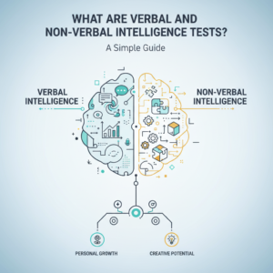 A clean, premium infographic header image in a minimalist, vector style. The visual conceptualizes verbal and non-verbal intelligence through abstract representations like interconnected cognitive maps, network diagrams, and skill charts. Geometric shapes, subtle gradients, and a color palette of soft blues, charcoal, white, and subtle gold/teal highlights convey clarity, intelligence, and growth. No people or cartoon elements are present.