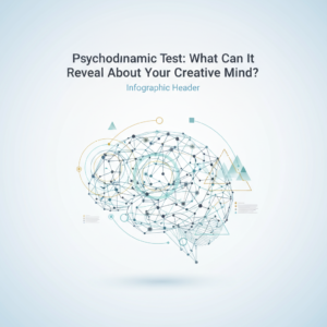 A clean, premium infographic header image in a modern, vector-based, minimalist style. It features abstract neural network patterns and layered geometric frameworks in soft blues, charcoal, white, with subtle gold and teal highlights, conceptually representing psychodynamic creativity assessment, self-discovery, and personal growth. No human figures are present.