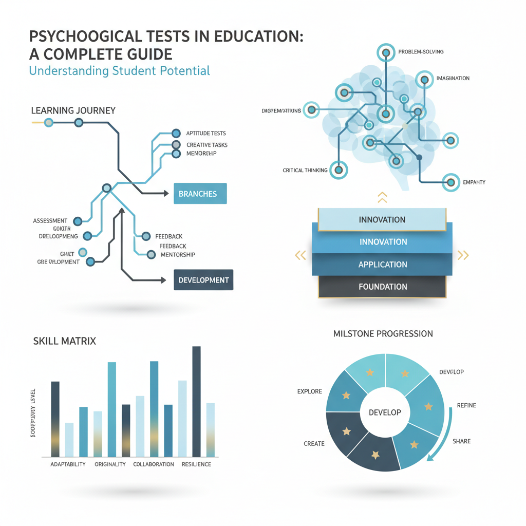 A clean, premium infographic-style header image for the article 'Psychological Tests in Education: A Complete Guide to Understanding Student Potential'. The image features conceptual, data-driven elements such as interconnected abstract brain maps, idea networks, skill matrices, and layered frameworks, illustrating creativity assessment, cognitive flexibility, problem-solving, and personal growth. The style is modern, vector-based, minimalist, with clean geometric shapes, subtle gradients, and a color palette of soft blues, charcoal, and white with gold and teal highlights. No human figures are present, only abstract representations of psychological and educational concepts.