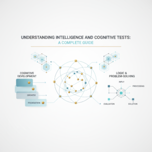 A clean, premium infographic-style header image titled 'Understanding Intelligence and Cognitive Tests: A Complete Guide'. The visual features abstract interconnected cognitive maps and neural network diagrams in soft blues, charcoal, and white with subtle gold highlights, illustrating the complexity of intelligence, cognitive assessment processes, and the progression of intellectual understanding and growth.