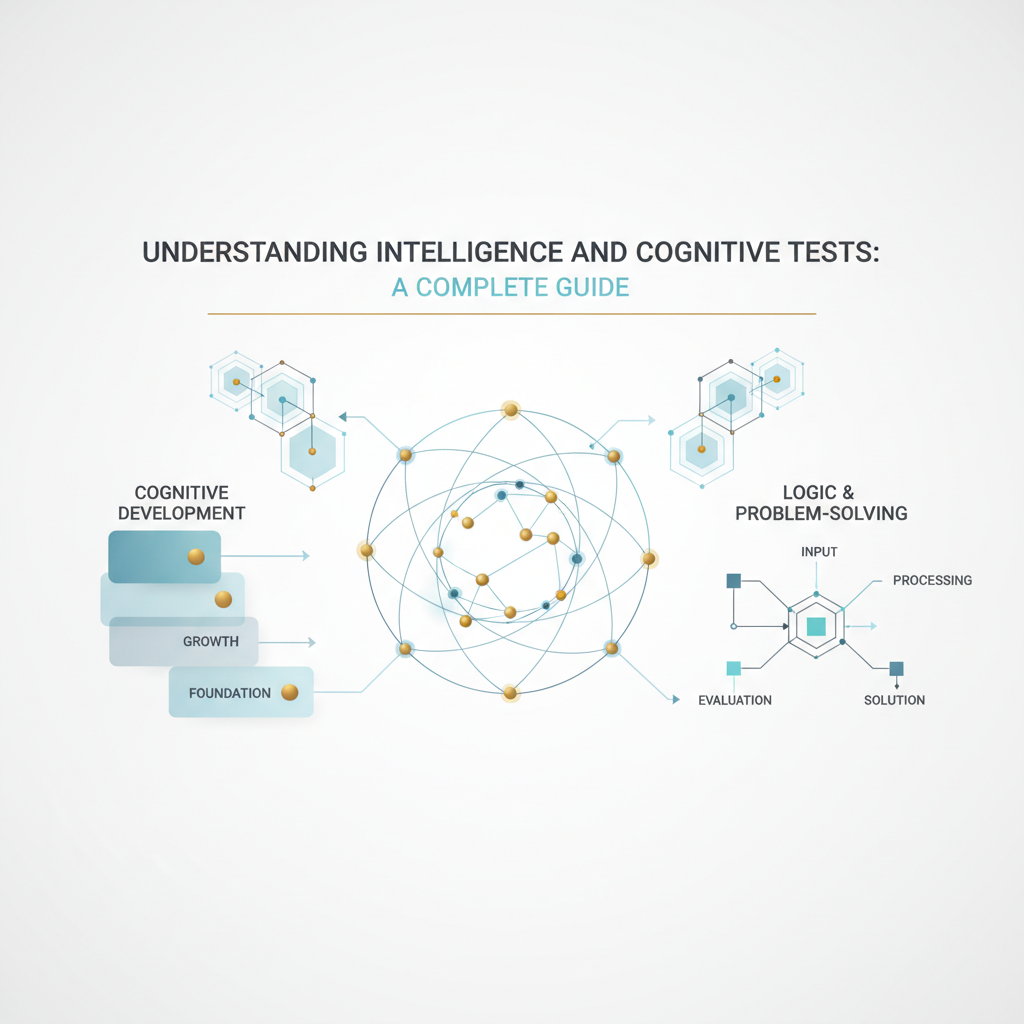 A clean, premium infographic-style header image titled 'Understanding Intelligence and Cognitive Tests: A Complete Guide'. The visual features abstract interconnected cognitive maps and neural network diagrams in soft blues, charcoal, and white with subtle gold highlights, illustrating the complexity of intelligence, cognitive assessment processes, and the progression of intellectual understanding and growth.
