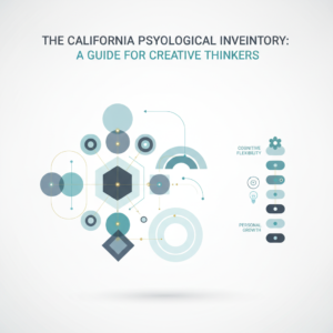 A clean, premium, modern infographic-style header image for the article 'The California Psychological Inventory: A Guide for Creative Thinkers'. It features a conceptual, data-driven visualization of creativity assessment and personal growth, including abstract brain maps, idea networks, layered frameworks, and milestone progression visuals. The design uses geometric shapes, soft blues, charcoal, white, and subtle gold/teal accents, conveying clarity and sophistication without human figures.