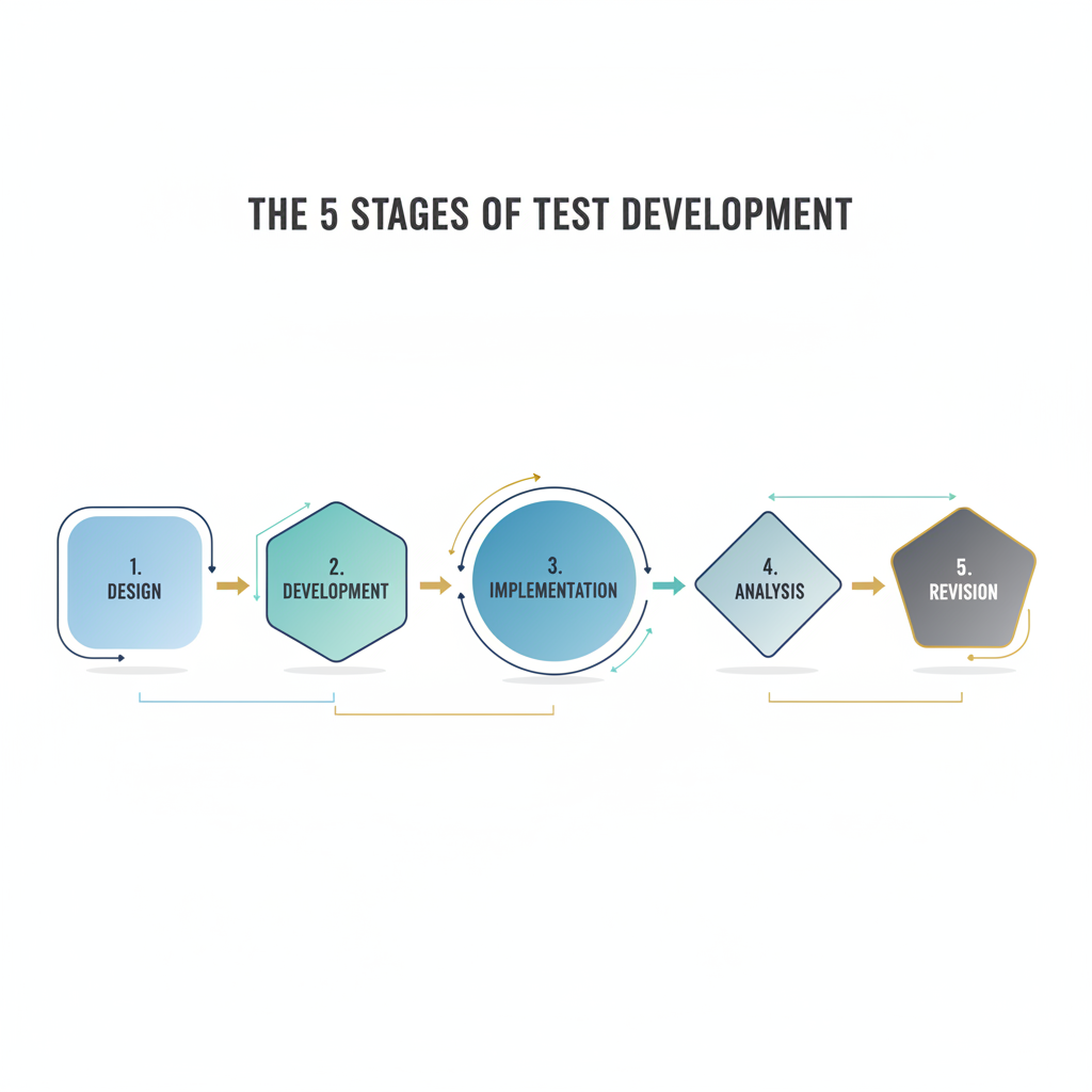 A clean, sequential infographic illustrating five distinct stages of test development using abstract geometric shapes and subtle color gradients.