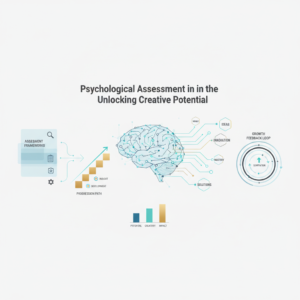 A conceptual, data-driven infographic header image for an article on 'Psychological Assessment in the Workplace: Unlocking Creative Potential'. The image features a modern, vector-based design with abstract brain maps, interconnected idea networks, and layered frameworks illustrating creative problem-solving and personal growth. It uses clean geometric shapes and a color palette of soft blues, charcoal, white, with gold and teal highlights, conveying clarity and intelligence. The composition emphasizes progress, assessment, and the development of creative insights without human figures or cartoon elements.