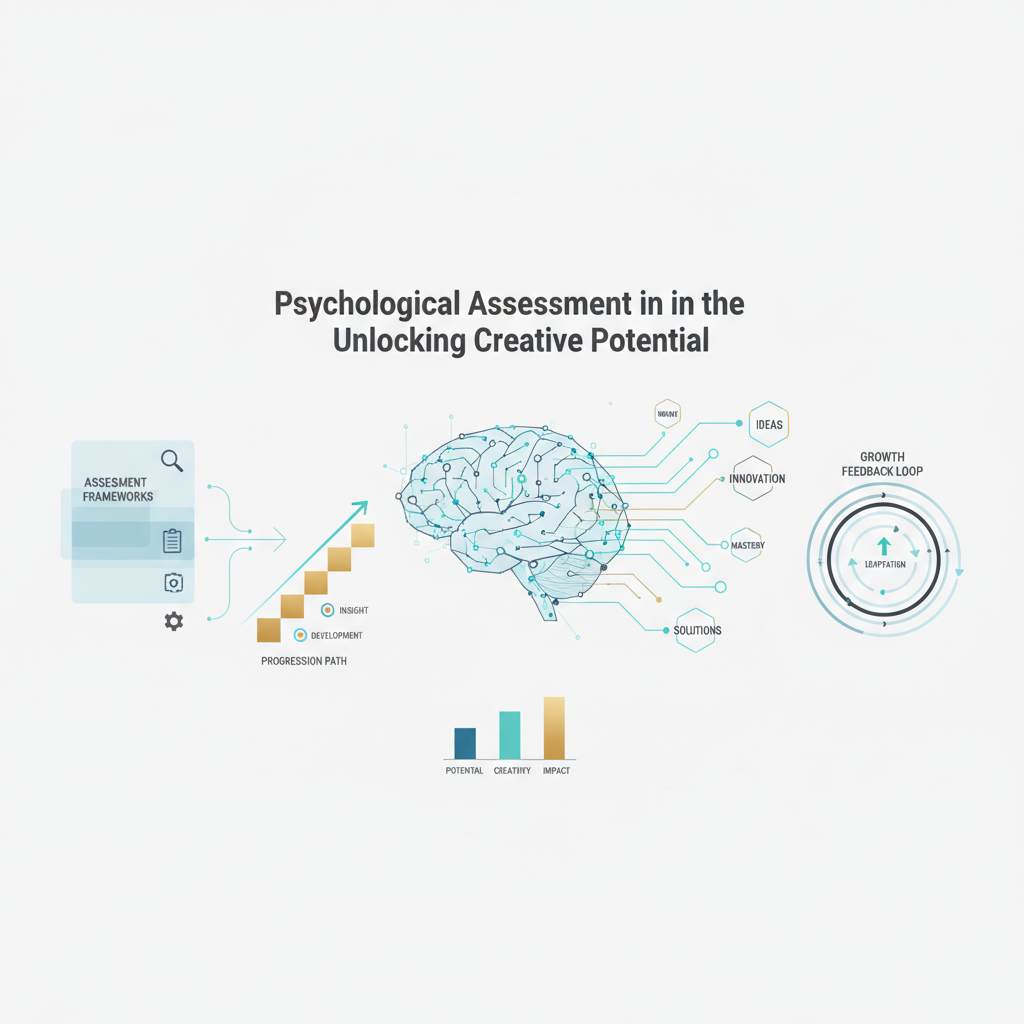 A conceptual, data-driven infographic header image for an article on 'Psychological Assessment in the Workplace: Unlocking Creative Potential'. The image features a modern, vector-based design with abstract brain maps, interconnected idea networks, and layered frameworks illustrating creative problem-solving and personal growth. It uses clean geometric shapes and a color palette of soft blues, charcoal, white, with gold and teal highlights, conveying clarity and intelligence. The composition emphasizes progress, assessment, and the development of creative insights without human figures or cartoon elements.