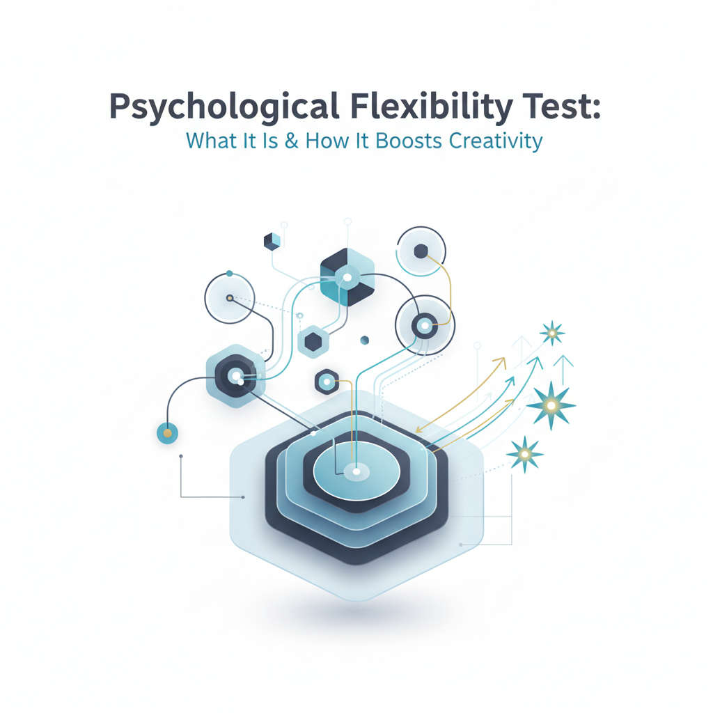 A conceptual, data-driven infographic header image illustrating psychological flexibility and its role in boosting creativity. It features abstract interconnected cognitive maps, layered frameworks for problem-solving, and a visual progression of creative development using geometric shapes, soft blue and charcoal tones, accented with gold or teal. The style is modern, minimalist, and professional.
