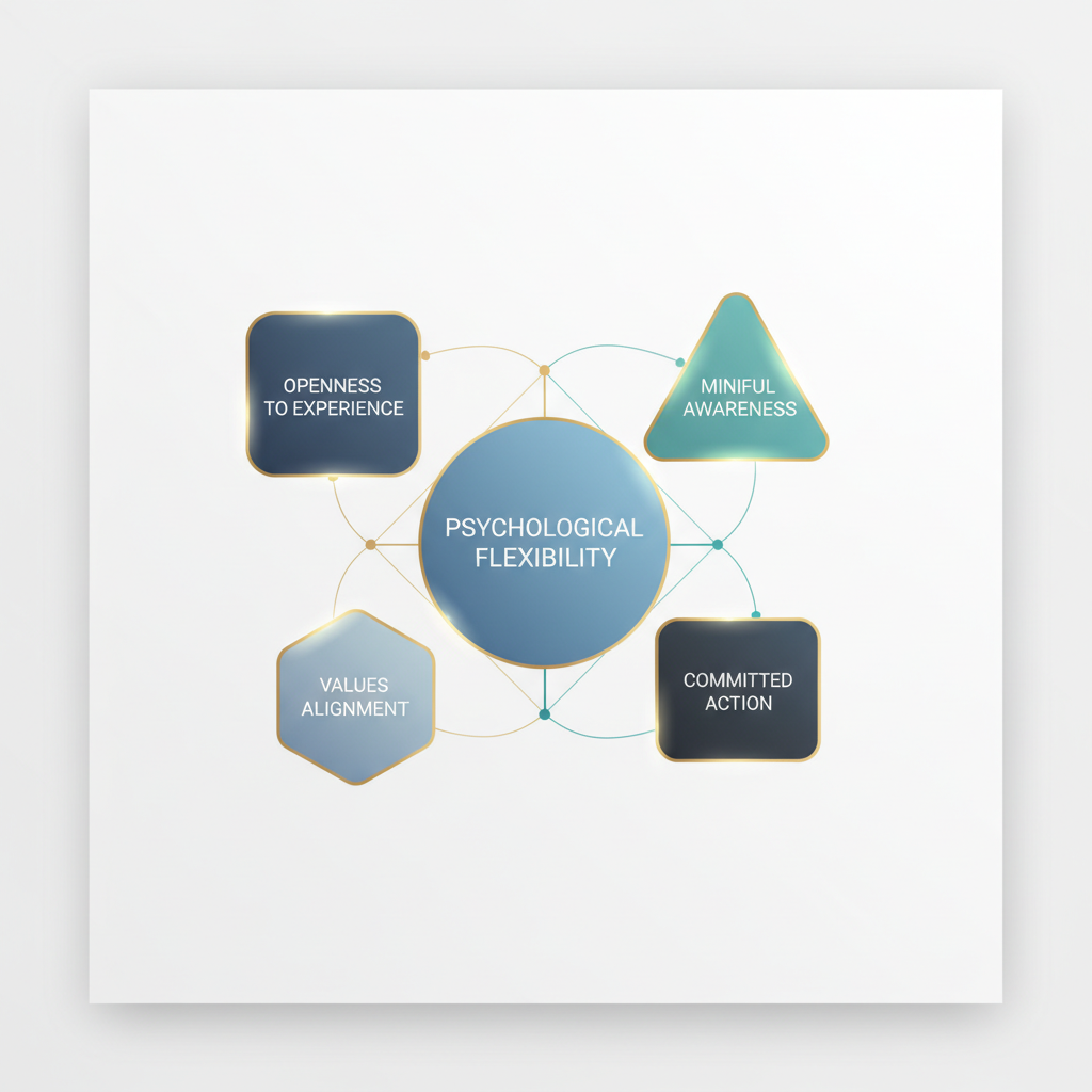 A conceptual diagram showing psychological flexibility as a central hub with interconnected components like openness, awareness, and valued action, represented by abstract geometric shapes.