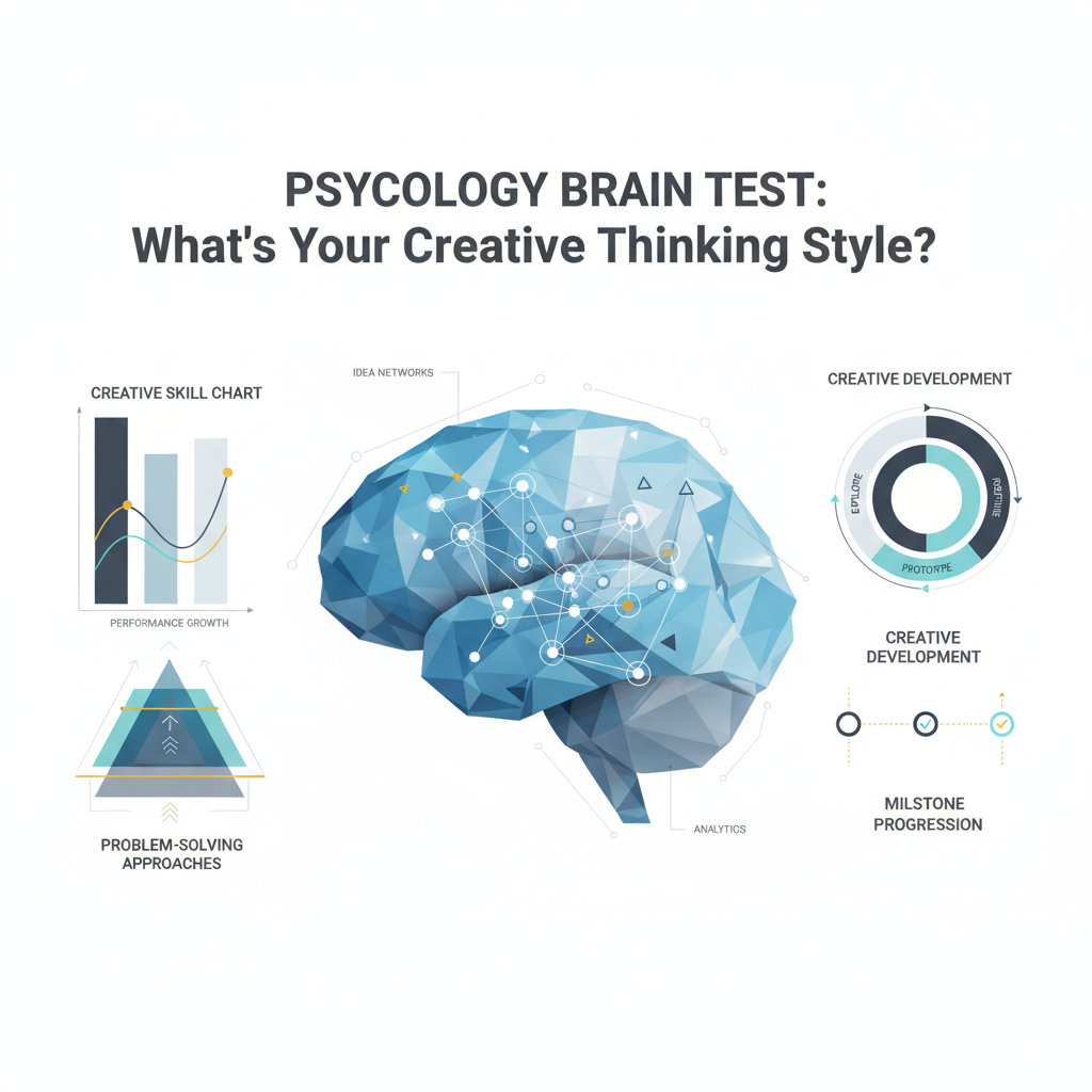 A minimalist, premium infographic header image for an article titled 'Psychology Brain Test: What's Your Creative Thinking Style?'. The image features abstract, interconnected brain networks, data-driven creative skill charts, and layered frameworks with directional arrows, all rendered in a modern vector style using soft blues, charcoal, white, and subtle gold accents.
