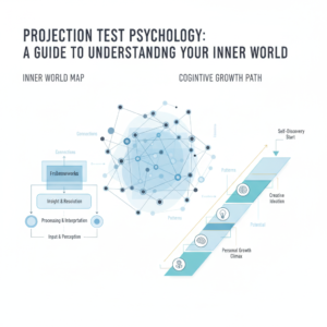 A modern, minimalist infographic header image depicting abstract cognitive maps and interconnected mind networks, symbolizing projection test psychology and the inner world. Layered frameworks and directional arrows illustrate personal growth, creative assessment, and problem-solving. The design uses clean geometric shapes, soft blues, charcoal, white, and subtle gold accents, with ample negative space. No people are depicted.