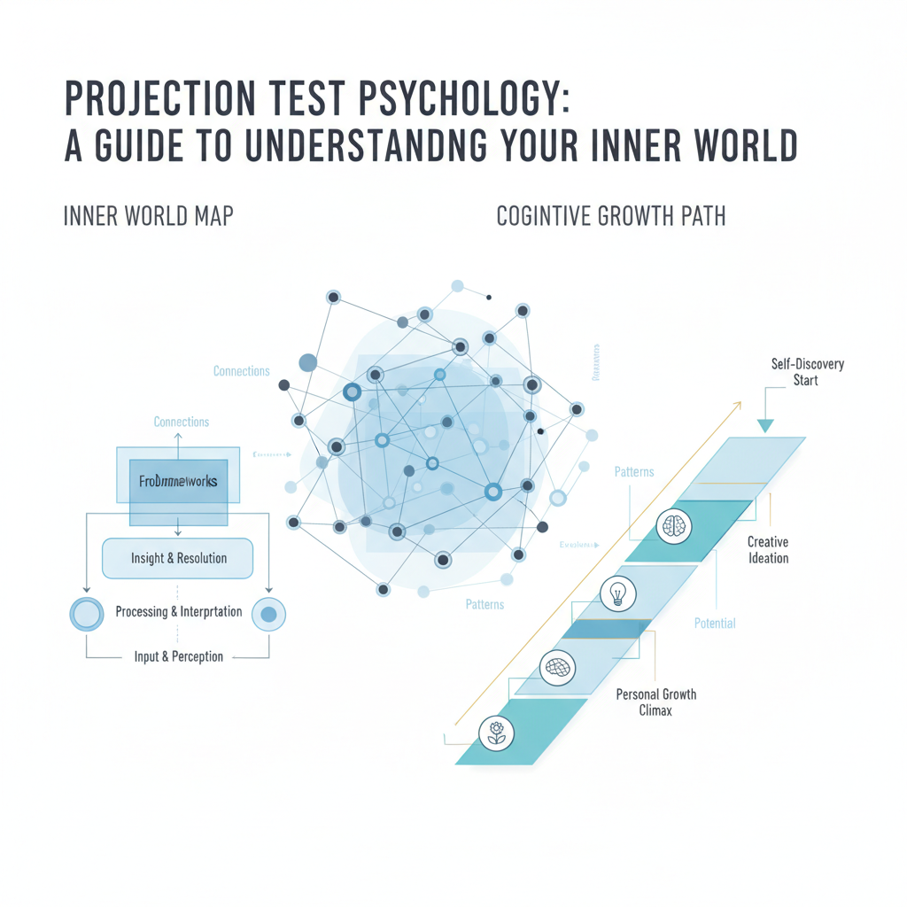 A modern, minimalist infographic header image depicting abstract cognitive maps and interconnected mind networks, symbolizing projection test psychology and the inner world. Layered frameworks and directional arrows illustrate personal growth, creative assessment, and problem-solving. The design uses clean geometric shapes, soft blues, charcoal, white, and subtle gold accents, with ample negative space. No people are depicted.