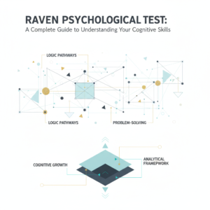 A modern, minimalist infographic header image for an article titled 'Raven Psychological Test: A Complete Guide to Understanding Your Cognitive Skills'. It features an abstract design with interconnected nodes forming a cognitive map, layered frameworks, and upward-pointing arrows, all rendered in soft blues, charcoal, white, and subtle gold, symbolizing cognitive assessment, logical reasoning, problem-solving, and intellectual growth.