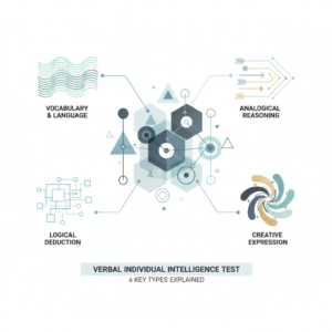 A modern, minimalist infographic header image for an article titled 'Verbal Individual Intelligence Test: 4 Key Types Explained'. The image features abstract, interconnected geometric shapes in soft blues, charcoal, and white with gold accents, representing cognitive pathways, verbal intelligence, and structured growth, without any human figures.