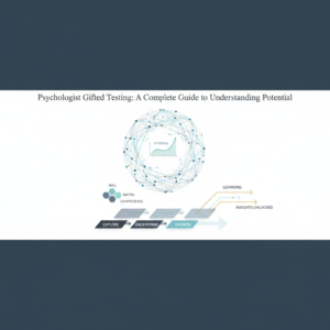 A modern, minimalist infographic header image representing gifted testing. It features an abstract neural network, subtle data charts indicating cognitive potential, and layered diagrams symbolizing intellectual growth and discovery. The design uses clean geometric shapes in soft blues, charcoal, white, and gold accents, with no human figures.