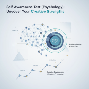 A modern, minimalist infographic-style header image titled 'Self Awareness Test (Psychology): Uncover Your Creative Strengths'. It features abstract vector graphics representing a cognitive map or idea network connecting to a creative skill assessment chart, with layered frameworks and directional arrows symbolizing personal growth, problem-solving, and the journey of self-discovery in creativity. The color palette uses soft blues, charcoal, white, and subtle gold/teal accents, conveying intelligence and clarity.