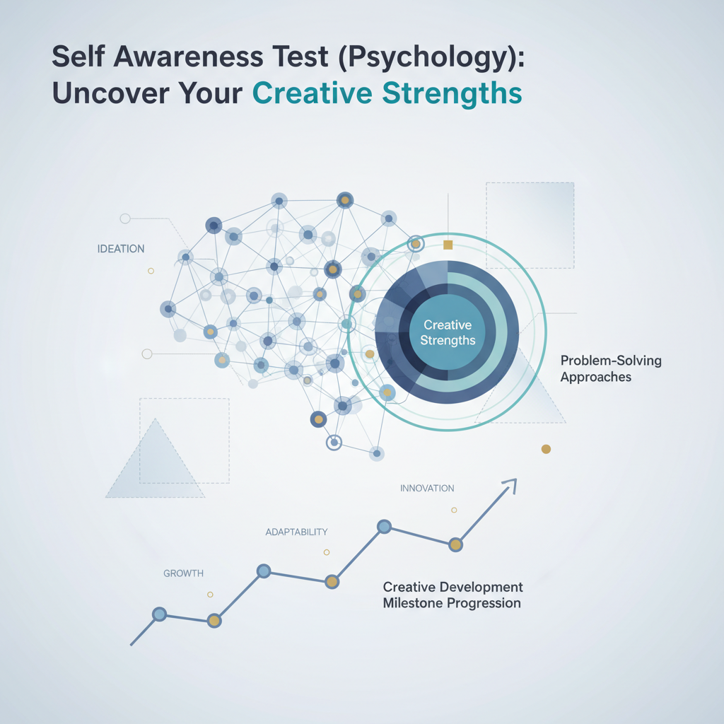 A modern, minimalist infographic-style header image titled 'Self Awareness Test (Psychology): Uncover Your Creative Strengths'. It features abstract vector graphics representing a cognitive map or idea network connecting to a creative skill assessment chart, with layered frameworks and directional arrows symbolizing personal growth, problem-solving, and the journey of self-discovery in creativity. The color palette uses soft blues, charcoal, white, and subtle gold/teal accents, conveying intelligence and clarity.