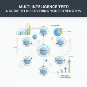 A modern, minimalist infographic-style image depicting a network of interconnected geometric shapes and pathways in soft blue, charcoal, white, and gold/teal accents. It conceptually represents diverse cognitive strengths, multiple intelligence assessment, and personal growth, without human figures.