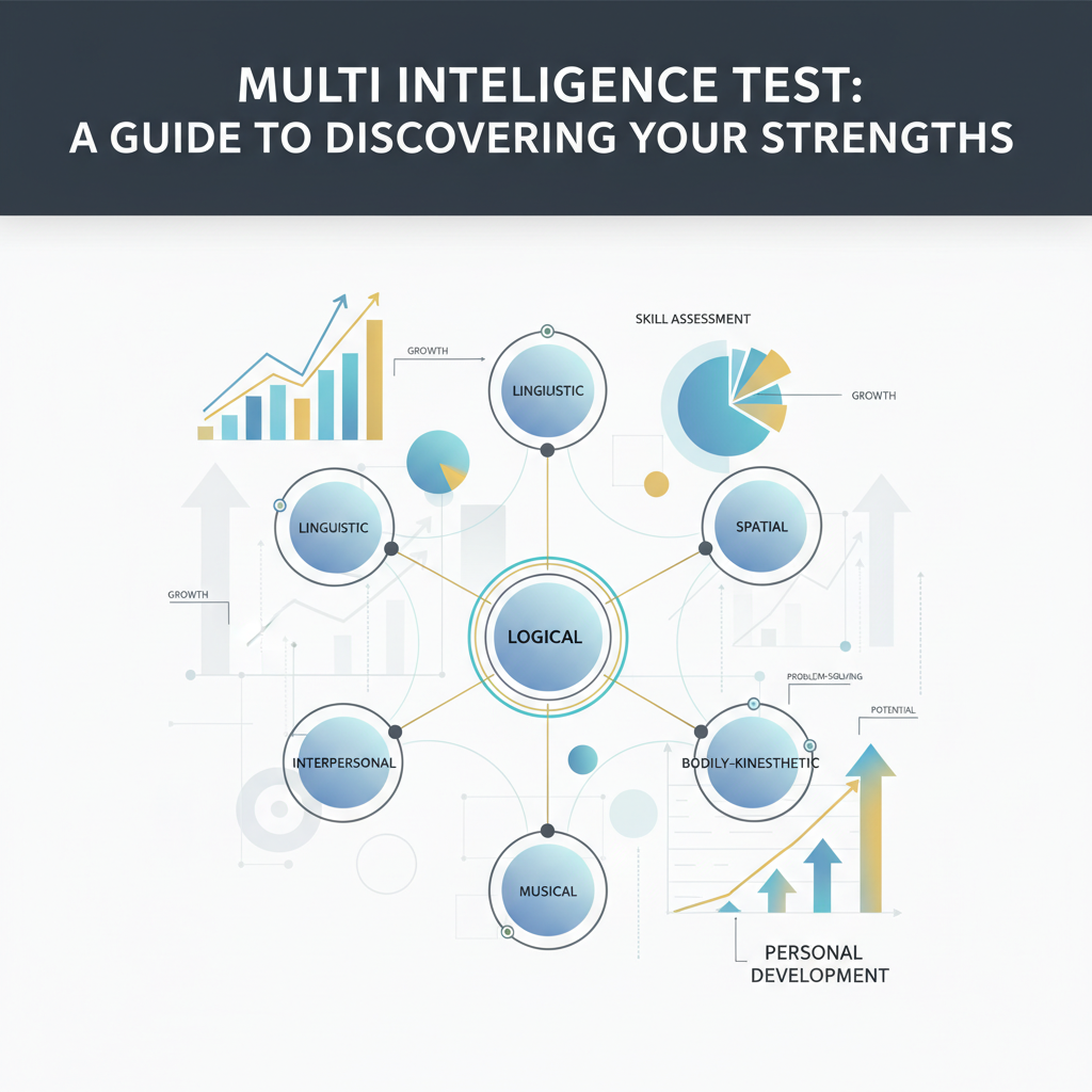 A modern, minimalist infographic-style image depicting a network of interconnected geometric shapes and pathways in soft blue, charcoal, white, and gold/teal accents. It conceptually represents diverse cognitive strengths, multiple intelligence assessment, and personal growth, without human figures.