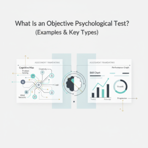 A modern, premium infographic header image depicting abstract concepts related to objective psychological tests. It features a network of interconnected nodes representing cognitive maps and mind networks, alongside clean bar graphs and charts symbolizing creative skill assessment and personal growth. The visual elements, rendered in a minimalist vector style, use a sophisticated palette of soft blues, charcoal, white, with subtle gold and teal highlights, conveying clarity and scientific insight.