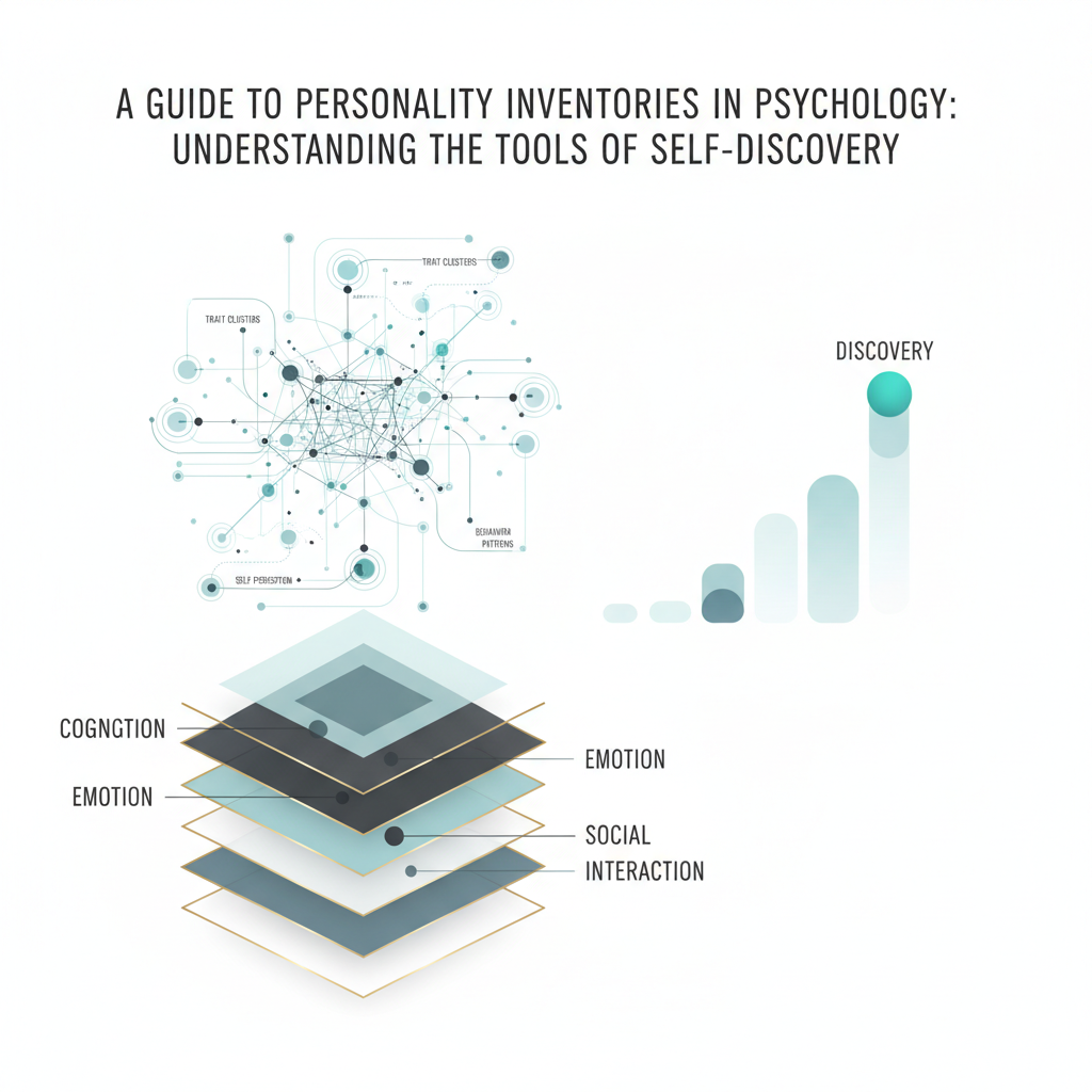 A modern, premium infographic-style header image for an article on personality inventories. The visual features abstract representations of interconnected psychological concepts: a stylized network of nodes and pathways resembling a cognitive map, symbolizing the intricate blend of personality traits. Overlaid geometric shapes form a layered framework, suggesting different dimensions of personality assessment. Subtle progress indicators or directional arrows imply a journey of self-discovery and personal growth. The color palette is dominated by soft blues, charcoal, and white, accented with elegant gold or teal highlights, conveying intelligence, clarity, and sophistication. No human figures or photographic elements are present.