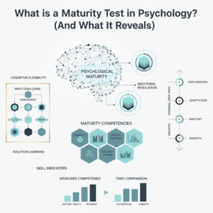 A modern, premium infographic-style image illustrating psychological maturity. It features abstract representations of cognitive maps, layered developmental frameworks, and progression charts. The design uses clean vector graphics, soft blues, charcoal, white, and subtle gold accents, conveying a sense of clarity and growth without any human figures. The visual conceptually represents emotional intelligence, social skills, and cognitive development as assessed in psychology.