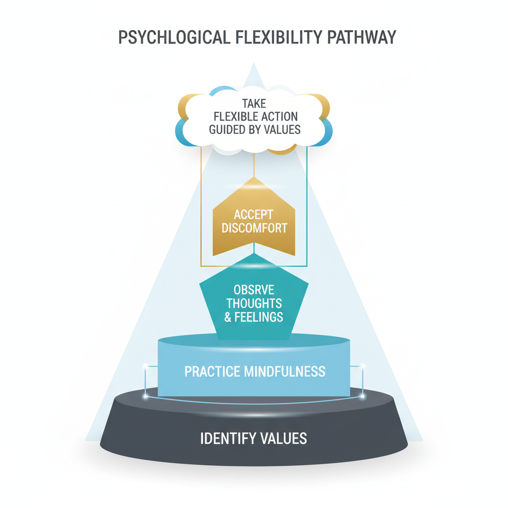 A multi-layered diagram or step-by-step progression showing strategies and milestones for improving psychological flexibility, using abstract geometric forms.