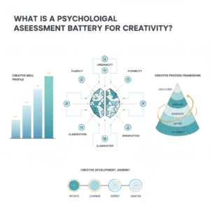 A premium infographic header image in a modern, minimalist style featuring abstract representations of creativity assessment and personal growth. The visual includes elements like cognitive maps, idea networks, and layered frameworks, using soft blues, charcoal, white, with subtle gold or teal highlights.