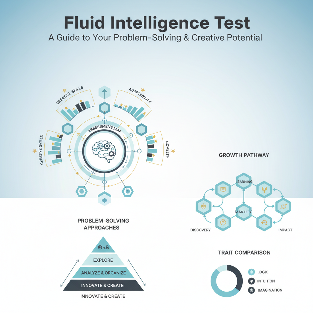 A premium infographic-style header image titled 'Fluid Intelligence Test: A Guide to Your Problem-Solving & Creative Potential'. It visually represents fluid intelligence and creative potential through abstract, non-human elements like interconnected cognitive maps or network diagrams, layered frameworks of problem-solving, and subtle progression charts. The image uses soft blues, charcoal, white, and gold/teal highlights, with a modern, minimalist, vector-based style. It conveys clarity, intelligence, and growth, avoiding people or cartoons.