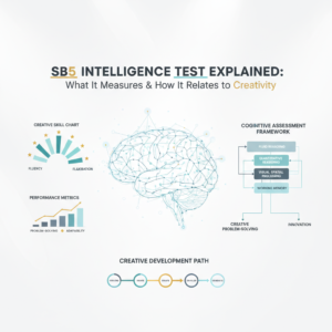 A premium, infographic-style header image visually representing the SB5 intelligence test, its connection to creativity, and personal cognitive growth. The image features a clean, conceptual design with interconnected abstract brain maps, layered frameworks, skill progression charts, and directional arrows. It uses modern, minimalist vector graphics, clean geometric shapes, and a professional color palette of soft blues, charcoal, white, with subtle gold and teal accents. The design highlights cognitive assessment, creative potential, problem-solving, and personal development in an accessible, data-driven manner, without human figures or cartoon elements.