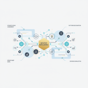 A premium, minimalist infographic header image featuring a complex, abstract cognitive map or mind network diagram in shades of soft blue, charcoal, and white with subtle gold accents. The diagram visually represents the measurement and psychology of intuitive intelligence, showcasing interconnected ideas, problem-solving pathways, and growth indicators through clean geometric shapes and subtle gradients. There are no human figures, stock photography, or cartoon elements.