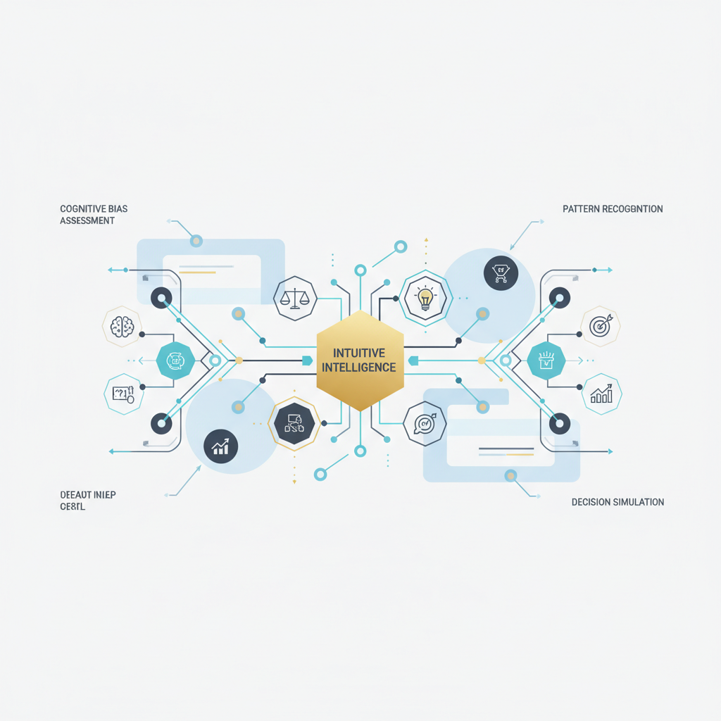 A premium, minimalist infographic header image featuring a complex, abstract cognitive map or mind network diagram in shades of soft blue, charcoal, and white with subtle gold accents. The diagram visually represents the measurement and psychology of intuitive intelligence, showcasing interconnected ideas, problem-solving pathways, and growth indicators through clean geometric shapes and subtle gradients. There are no human figures, stock photography, or cartoon elements.