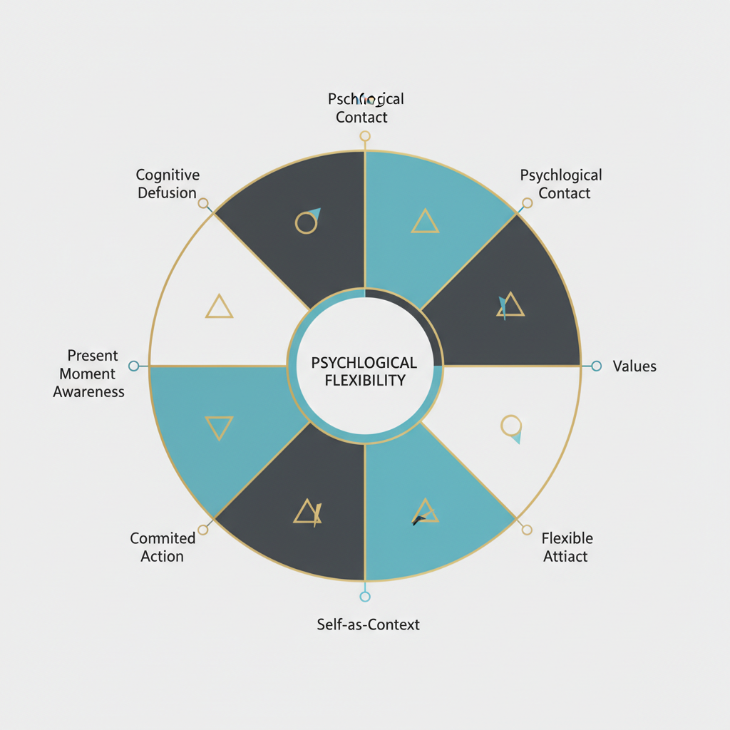 An abstract assessment chart or competency map with multiple axes or segments, representing different dimensions used to measure psychological flexibility, depicted with clean geometric shapes.