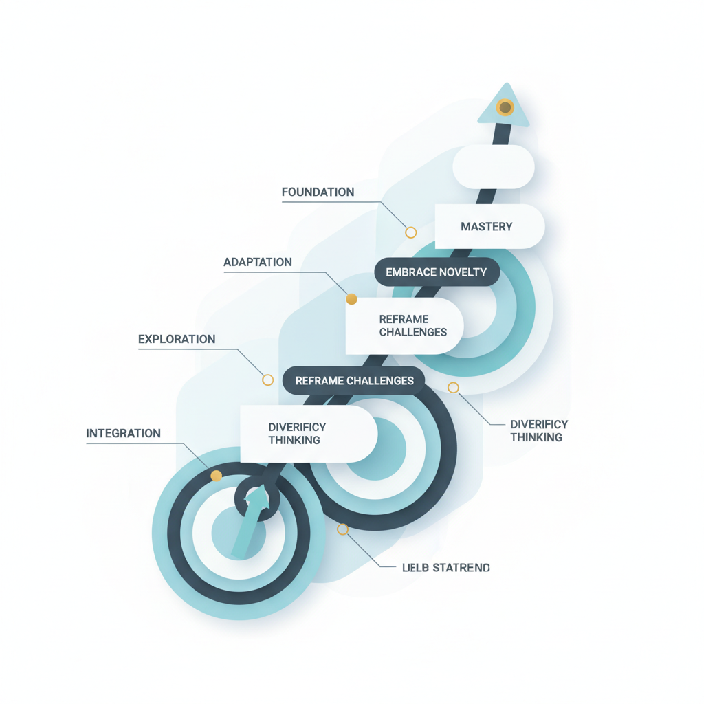 An abstract, layered diagram using ascending geometric shapes to illustrate a progressive framework for improving cognitive flexibility, with highlighted growth points.