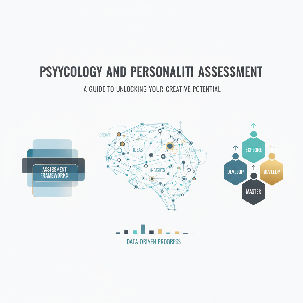 An abstract, minimalist infographic-style image depicting concepts of creativity assessment and personal growth through interconnected cognitive elements, layered frameworks, and progression charts, using soft blues, charcoal, and gold/teal accents.