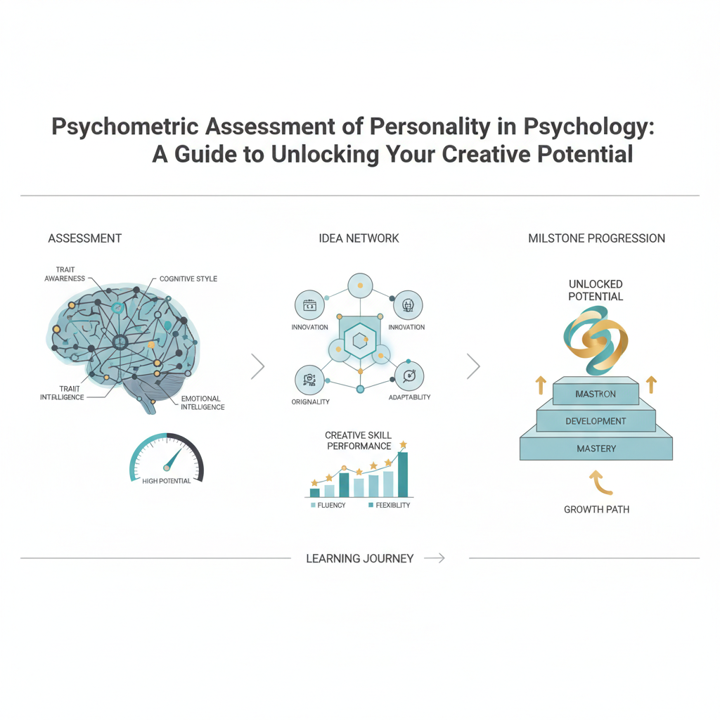 An abstract, modern infographic header image representing psychometric assessment of creativity and personal growth. It features interconnected cognitive maps, skill charts, and layered frameworks with subtle gradients in soft blues, charcoal, white, and gold or teal highlights, conveying scientific insight and creative potential, without any human figures.