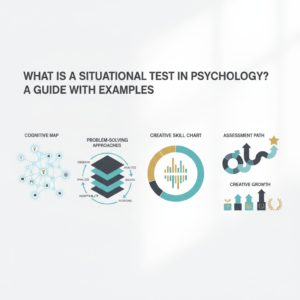 An abstract, premium infographic-style header image for an article about situational tests in psychology. It visually represents creative assessment and personal growth through a conceptual data visualization featuring interconnected cognitive maps, skill progression charts, and layered problem-solving frameworks. The image uses a modern, minimalist, vector art style with a color palette of soft blues, charcoal, white, and subtle gold or teal accents, containing no human figures.