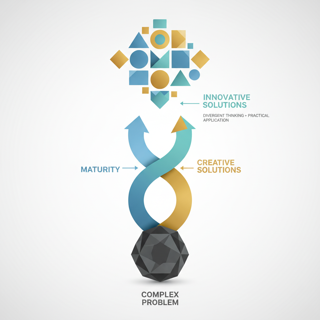 An infographic depicting a central problem branching into two paths, one representing maturity and the other creative solutions, converging to form innovative geometric solutions, illustrating their link.