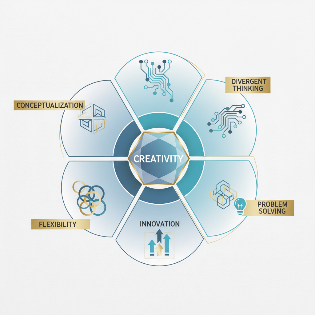 An infographic depicting a multi-faceted assessment chart, shaped like a radar or competency map, revealing various dimensions of creativity through interconnected geometric segments.