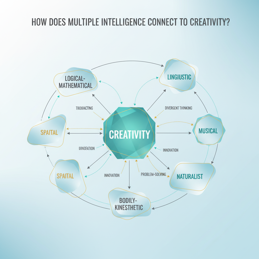 An infographic depicting an interconnected cognitive network where various intelligence types, represented by nodes, converge and lead to a central 'Creativity' concept.