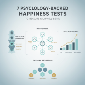 An infographic header image for an article on '7 Psychology-Backed Happiness Tests to Measure Your Well-Being'. It features abstract, non-human elements depicting psychological assessment and emotional growth, including interconnected nodes for well-being, layered charts of happiness metrics, and subtle progression arrows. The image is rendered in a modern, minimalist vector style with a palette of soft blues, charcoal, white, and gold/teal accents, conveying scientific insights and personal development.