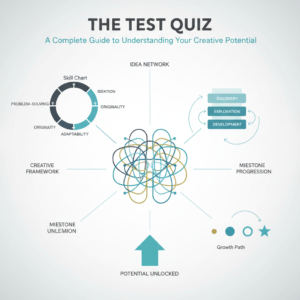 An infographic header image for 'The Test Quiz', featuring abstract visual representations of cognitive maps, idea networks, and growth frameworks in a modern, minimalist vector style with soft blues, charcoal, and gold accents, symbolizing creativity assessment and personal development.
