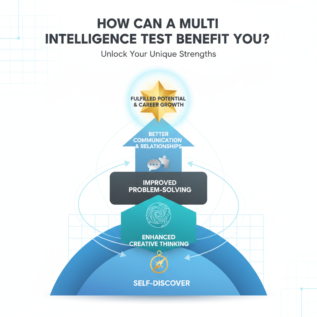 An infographic illustrating a layered progression, showing various benefits of a Multi Intelligence Test such as self-discovery and enhanced creative thinking, represented by abstract shapes.