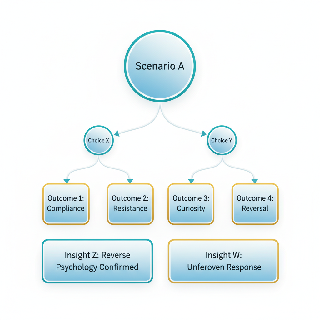 An infographic showing a branching decision tree diagram representing a reverse psychology scenario test, with labeled paths and outcomes.