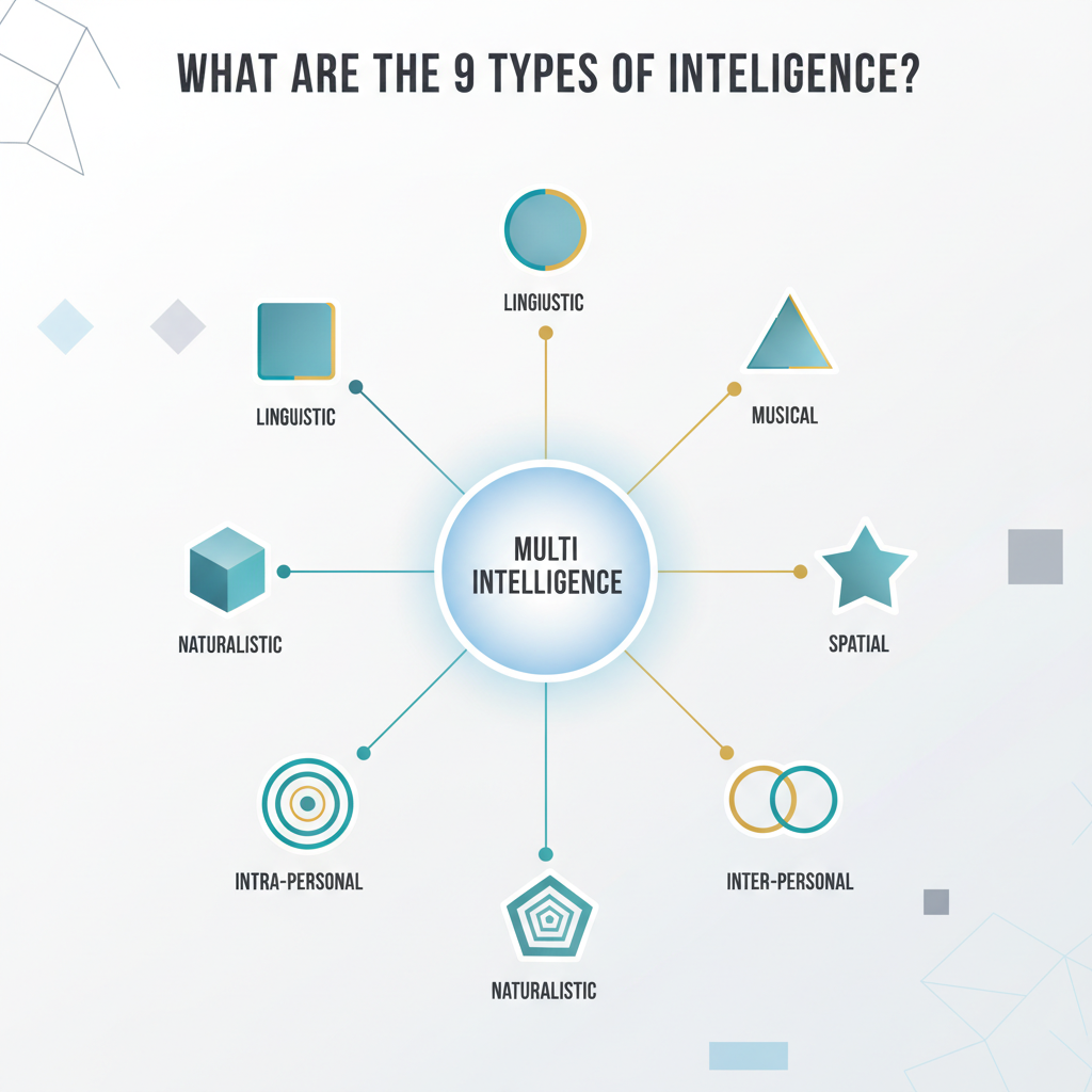 An infographic showing a central 'Multi Intelligence' concept with nine distinct, labeled nodes radiating outwards, each representing a different type of intelligence.