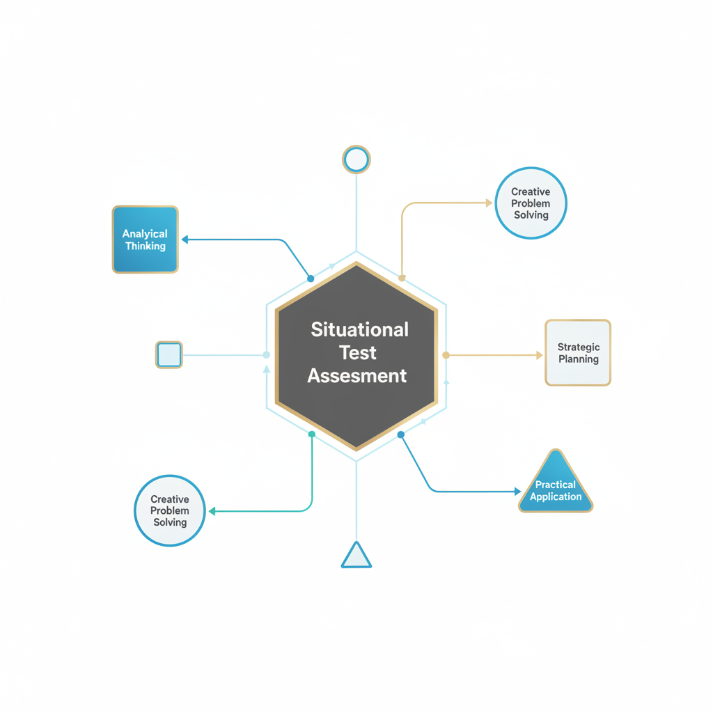 An infographic showing a cognitive network diagram, where a central node branches out to illustrate how situational tests assess various thinking styles through interconnected geometric shapes.