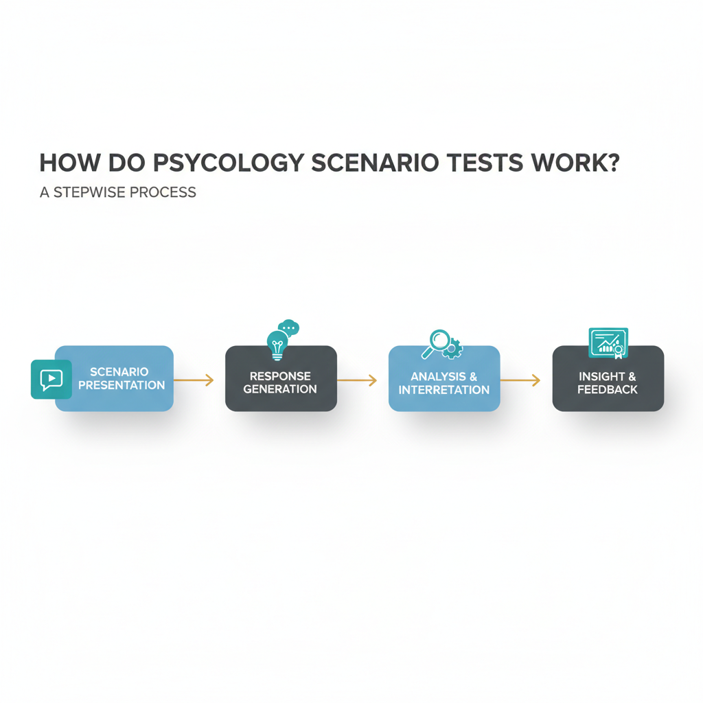 An infographic showing a four-step linear process diagram for psychology scenario tests: Scenario Presentation, Response Generation, Analysis & Interpretation, and Insight & Feedback, each represented by a distinct geometric shape and icon.