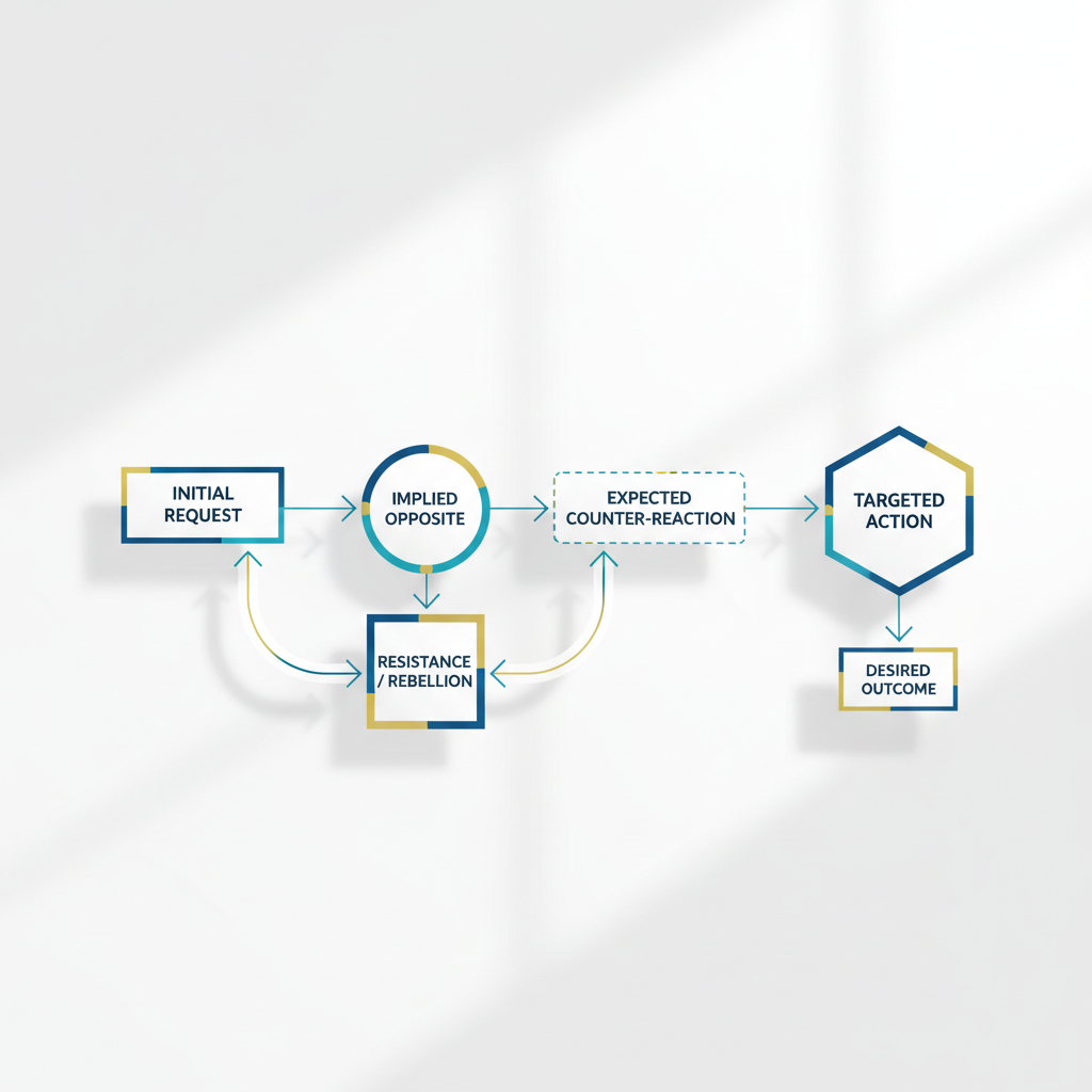 An infographic showing a multi-step flow diagram of how reverse psychology works in practice, with labeled geometric shapes and directional arrows.