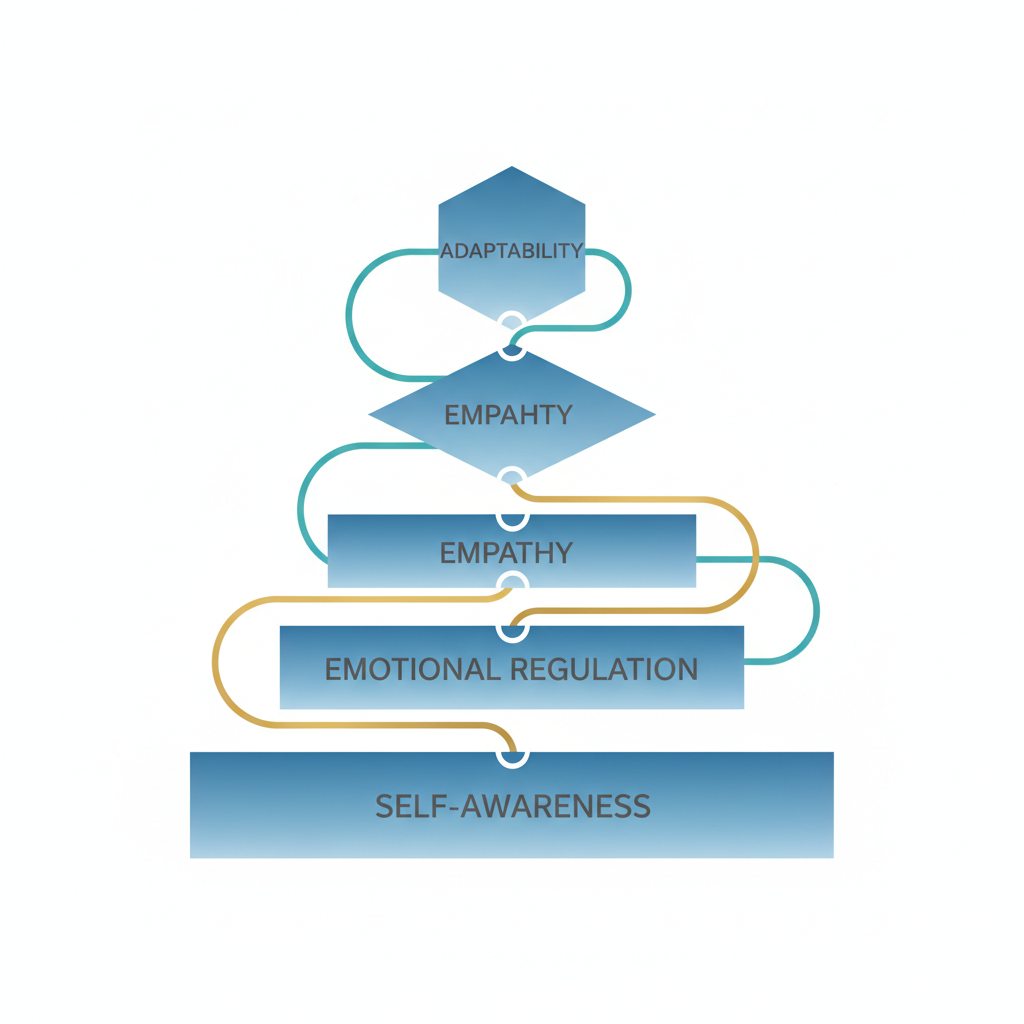 An infographic showing psychological maturity as a series of layered, interconnected geometric steps, each representing a developmental stage, progressing upwards.